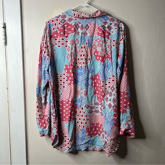 Talbots Pink Blue Patchwork Button Popover Long Sleeve Blouse - Picture 5 of 7